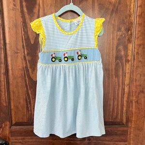 Blue Stripe Dress with Yellow Ruffle Sleeves and Tractor Appliqué